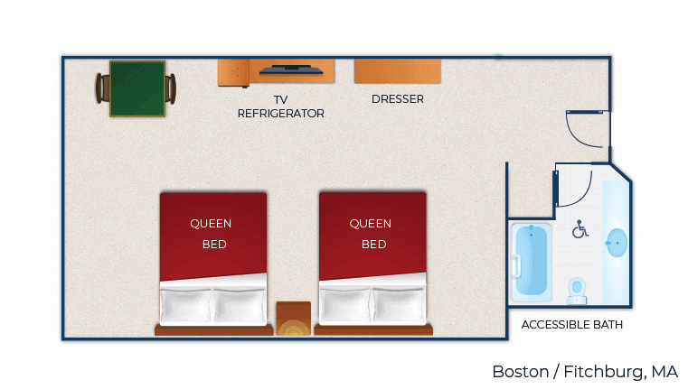 The floorplan for the accessible bathtub Double Queen Suite